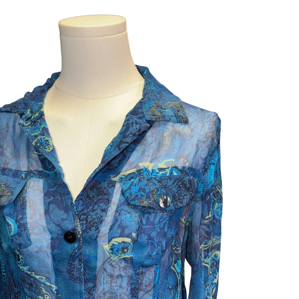 Chicos Silk Blue Paisley Sheer Button Up Blouse Top Size 0 Small - Picture 2 of 8
